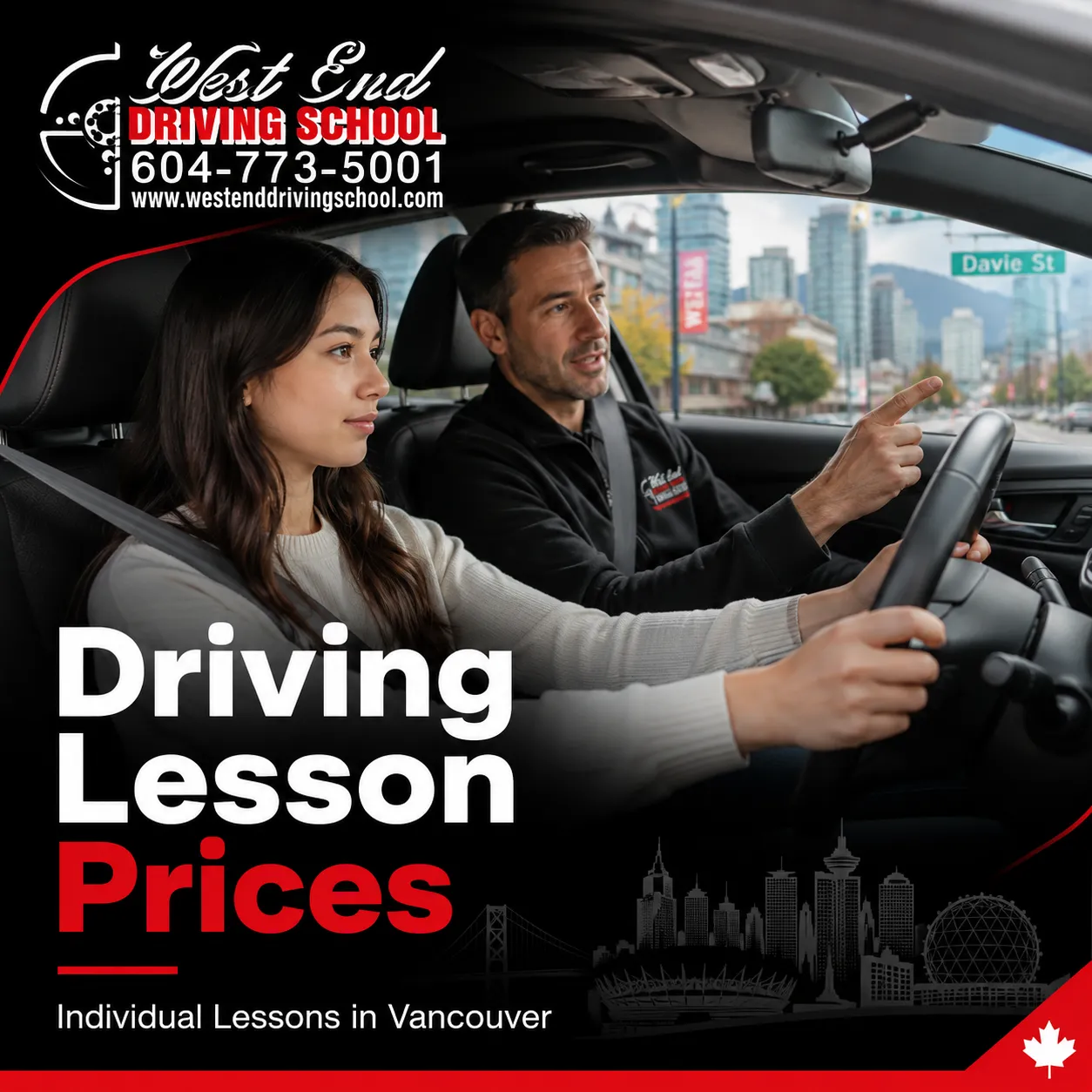 Student taking an individual lesson in Vancouver with driving lesson prices