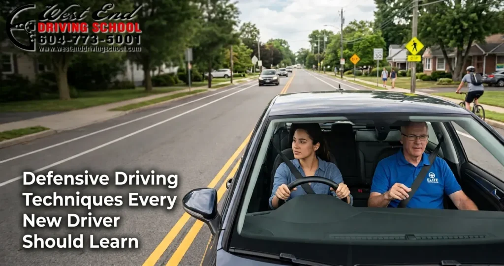 New driver practicing defensive driving techniques with a professional instructor