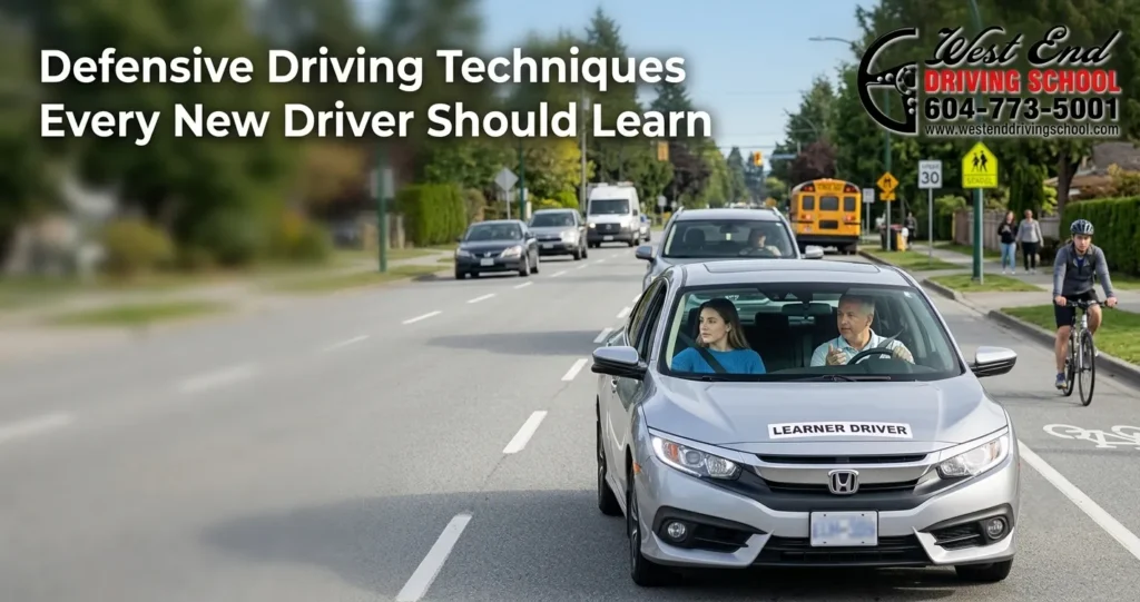 New driver learning defensive driving techniques with a professional instructor