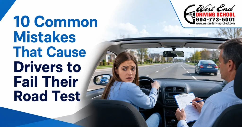 Learner driver making common mistakes that cause drivers to fail their road test during a driving exam