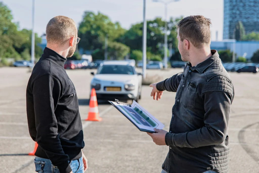 Nervous learner making road test mistakes during a driving exam